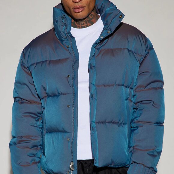 Stormy Iridescent Nylon Cropped Puffer Jacket - Blue - Picture 1 of 5